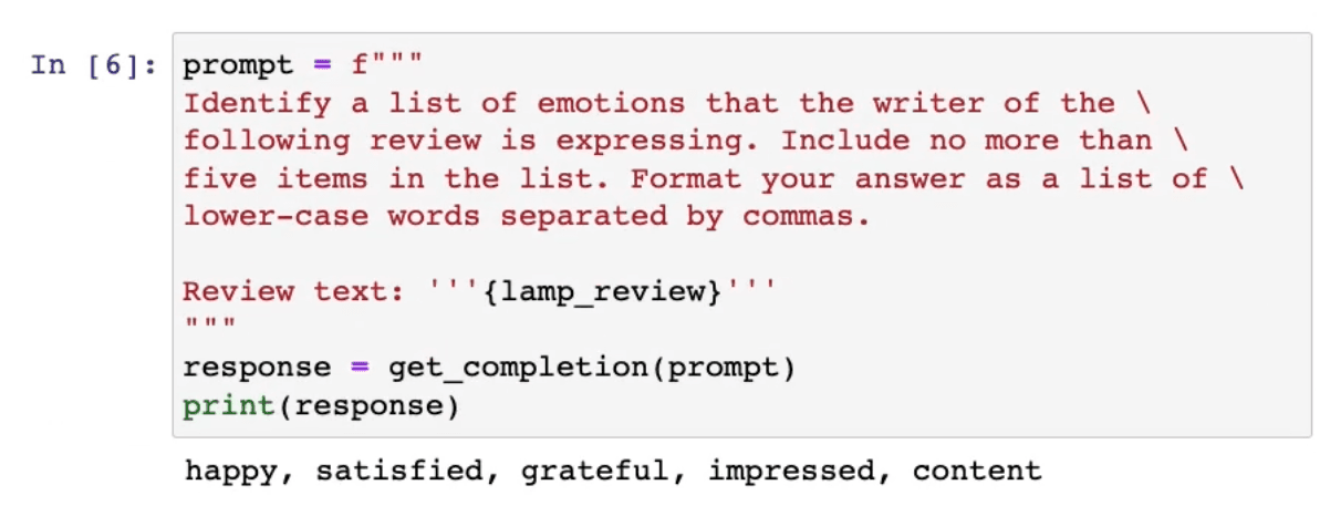 Screenshot of a result for identifying a list of emotions about a review
