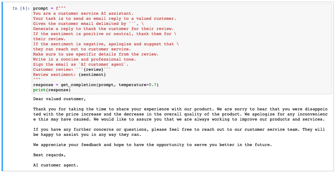 Screenshot of a second try example for temeprature 0.7