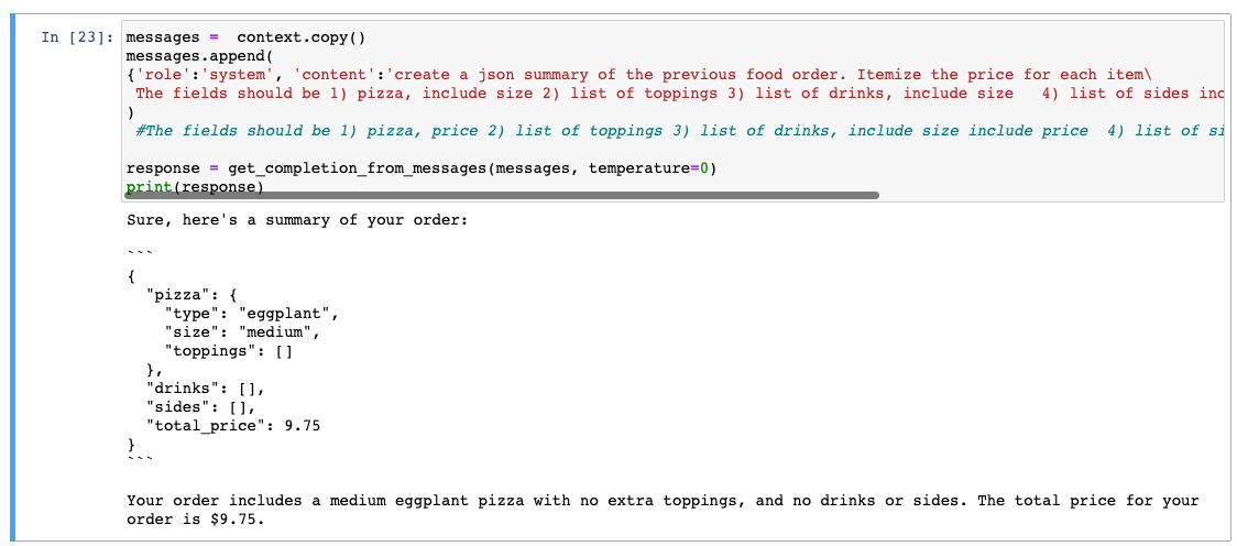Screenshot of a JSON result using pizza orderbot