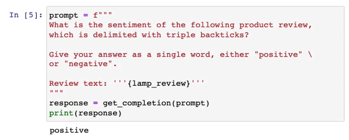 Screenshot of a more simple result for inferring sentiment about a review
