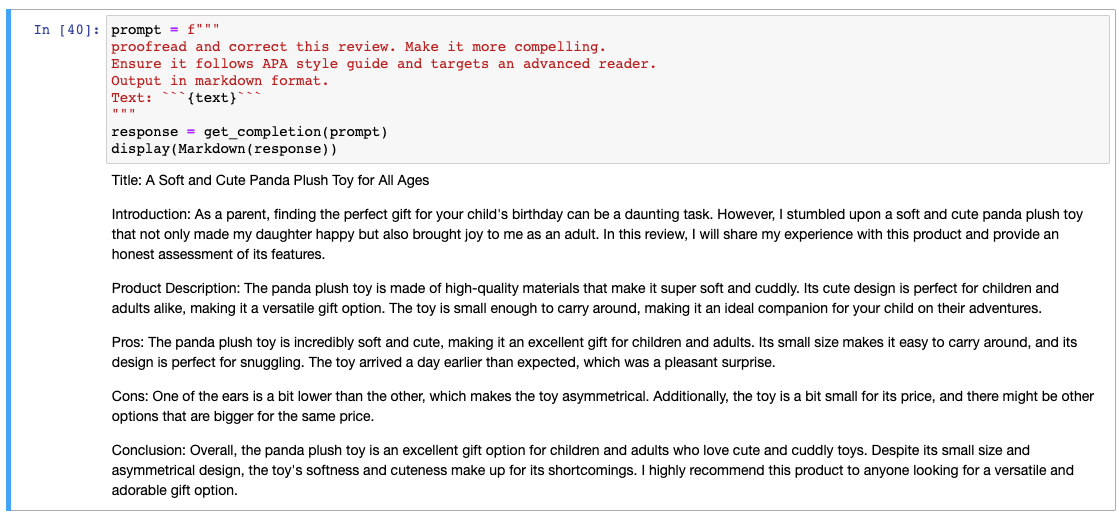 Screenshot of a result for spellcheck and translating tone and conversion to markdown on a review